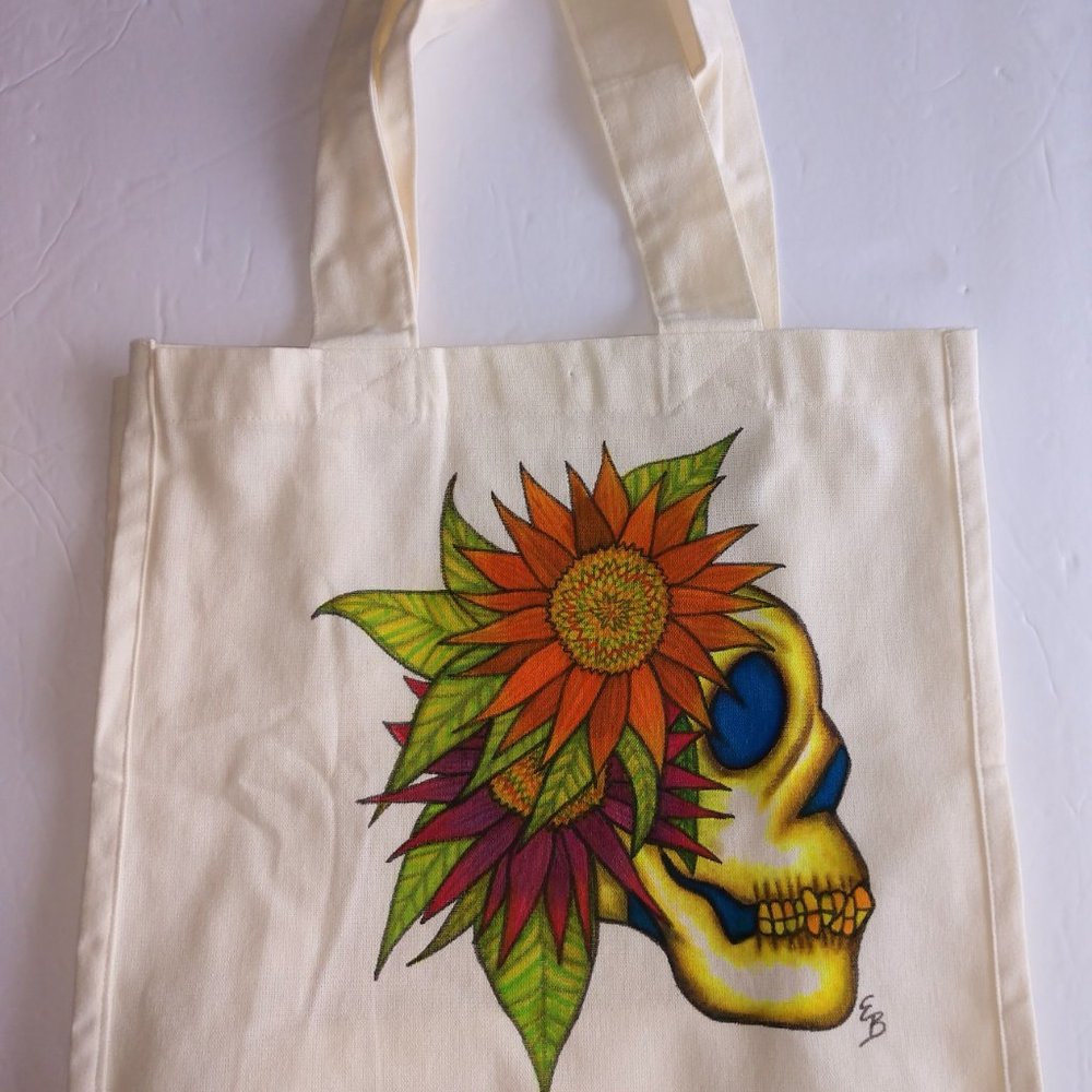 Hand-Painted Skull Tote Bag: Sunflowers Art Canvas Reusable Bag 14x13x7 - Picture 2 of 16